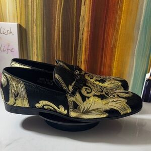NWOT Successos Black and Gold Men's Red Bottom Slip-On Loafers - Size 12